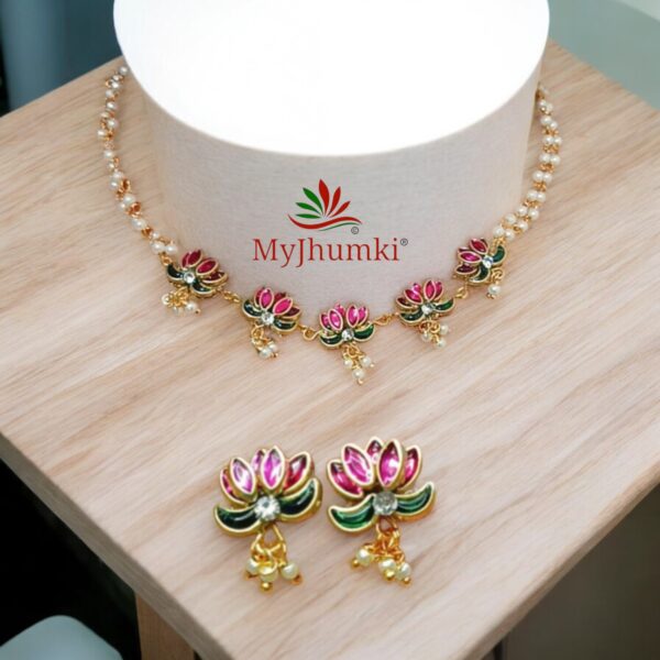 Handmade Kundan Lotus choker with earrings- Pink